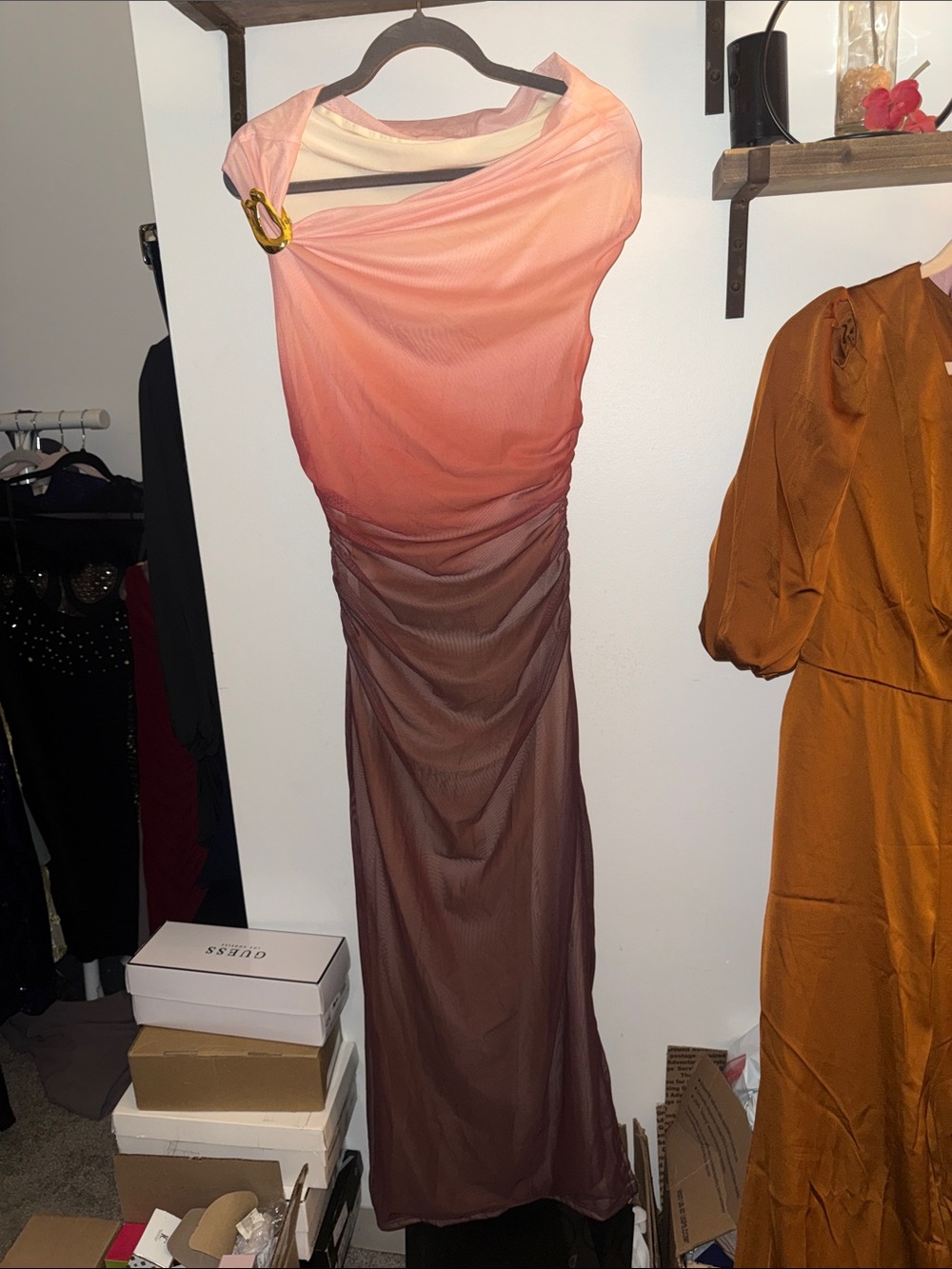 SHEIN Pink to Brown Ombre Ruched Maxi Dress with Ring Detail
